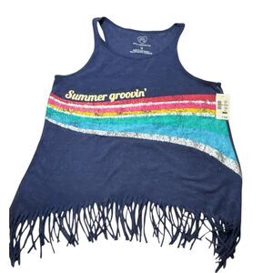 PS Aeropostale Girls 12 Navy Blue SUMMER GROOVING Glitter Rainbow Fringed Tank